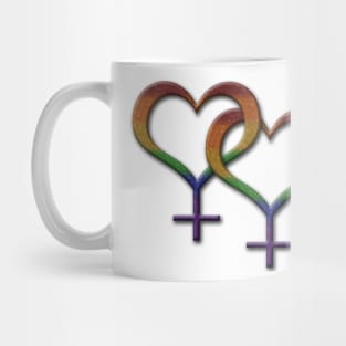 Lesbian Pride Rainbow Colored Heart Shaped Overlapping Female Gender Symbols Mug